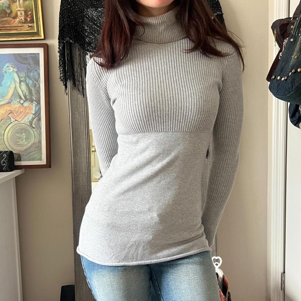 Charlotte Russe Grey Knit Turtleneck Babydoll Top Y2K Vintage Mixed Ribbed M